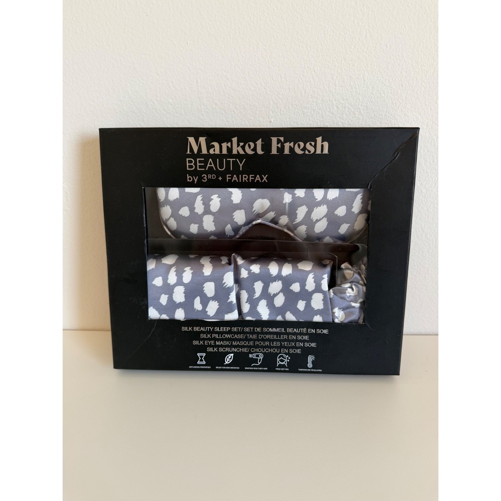 Market Fresh Beauty 3rd Fairfax 100% Mulberry Silk Sleep Set Leopard Grey White